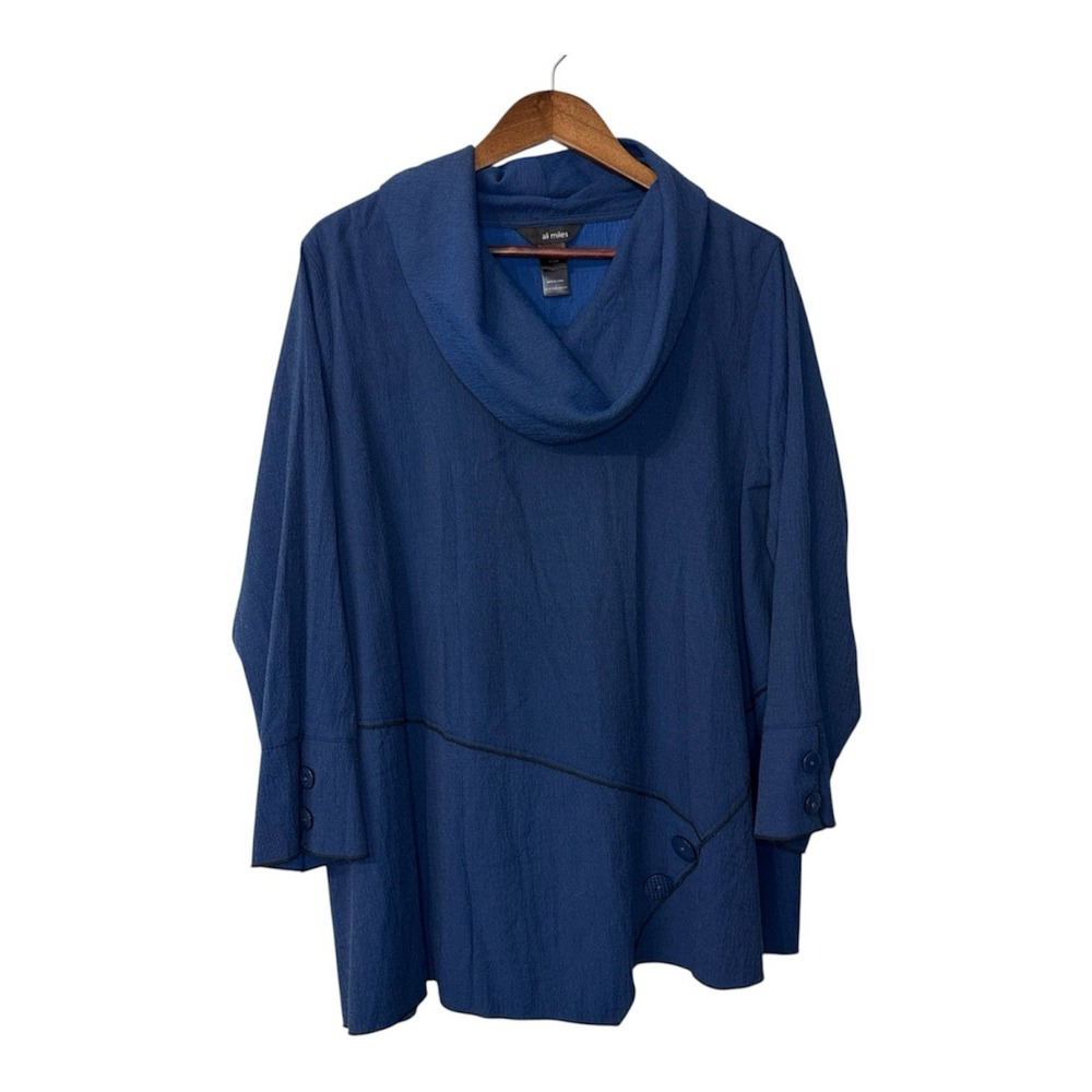 Ali Miles cowl neck blouse women's 1X blue asymmetrical artsy boho lagenlook